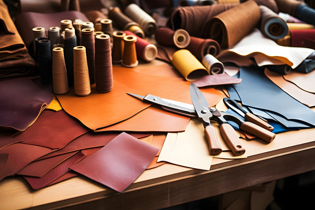 Leather craft or leather working. Selected pieces of beautifully